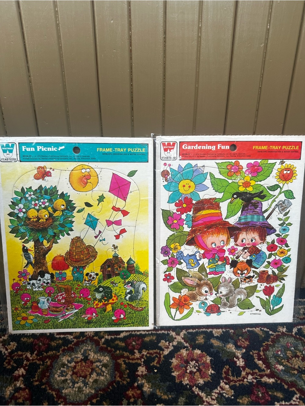 1974 Giordano Frame Tray Puzzles lot of 2 Fun Picnic Gardening Fun COMPLETE